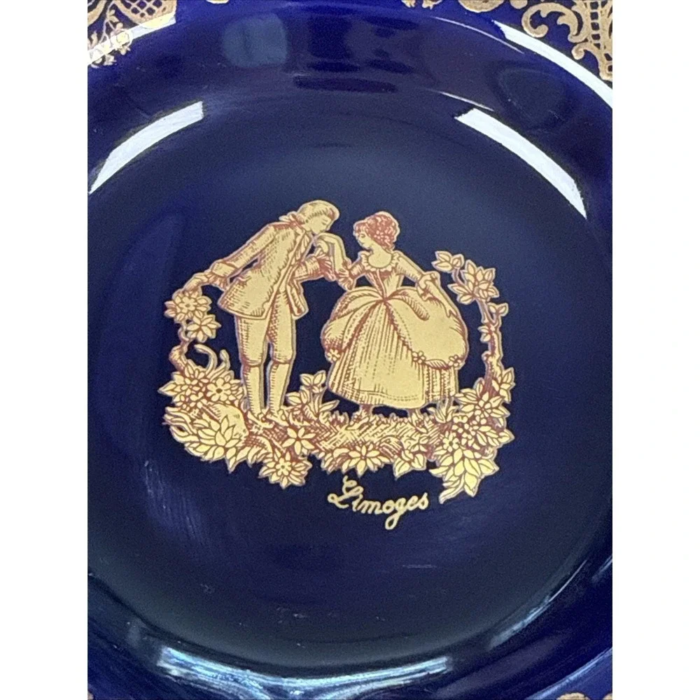 Vintage Limoges Castel France Cobalt Blue Gold Porcelain Ashtray Courting Couple